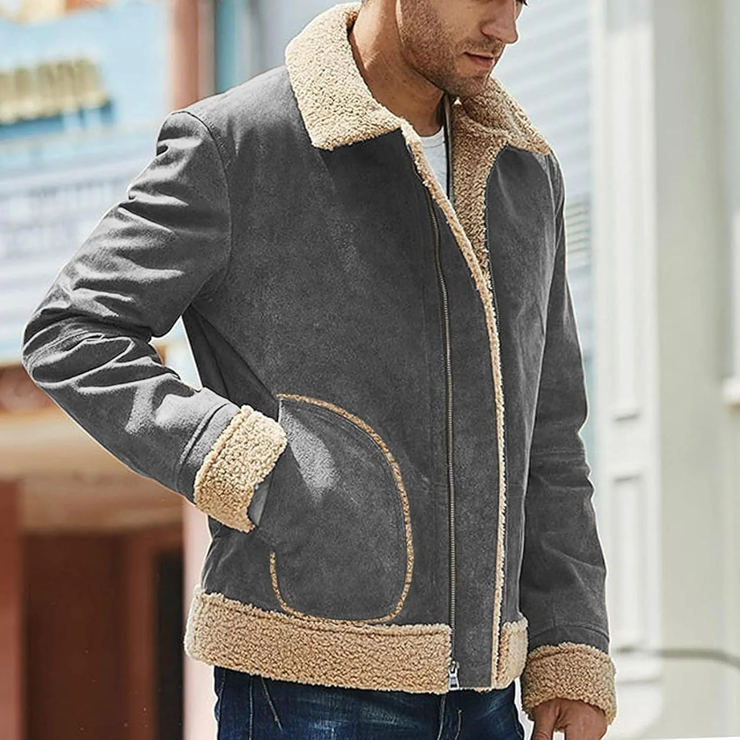 Mens Winter Faux Suede Leather Jacket Sherpa Fleece Lined Coat Lapel Zip Up Thickened Outwear with Pocket