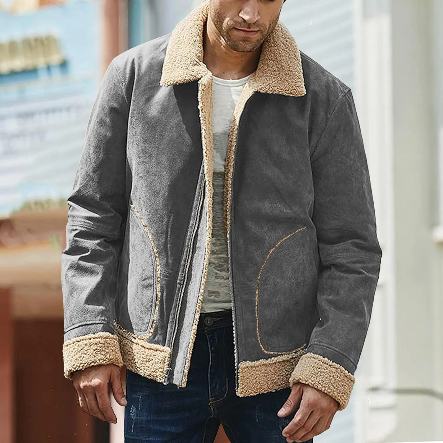 Mens Winter Faux Suede Leather Jacket Sherpa Fleece Lined Coat Lapel Zip Up Thickened Outwear with Pocket
