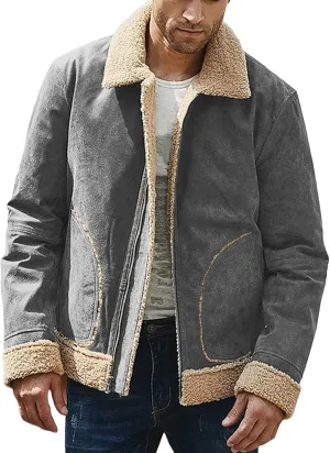 Mens Winter Faux Suede Leather Jacket Sherpa Fleece Lined Coat Lapel Zip Up Thickened Outwear with Pocket