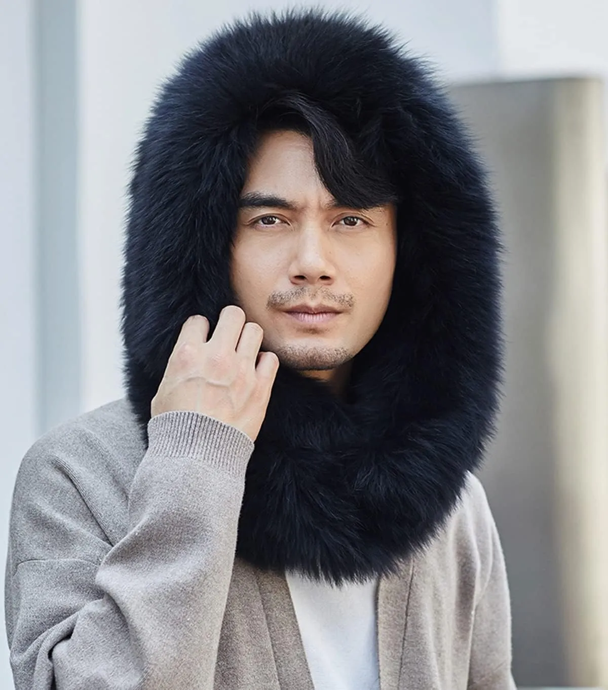 Mens Winter Hood Scarf Real Fox Hair Loop Infinity Scarf Head Scarf Cold Weather Warm Oudoor