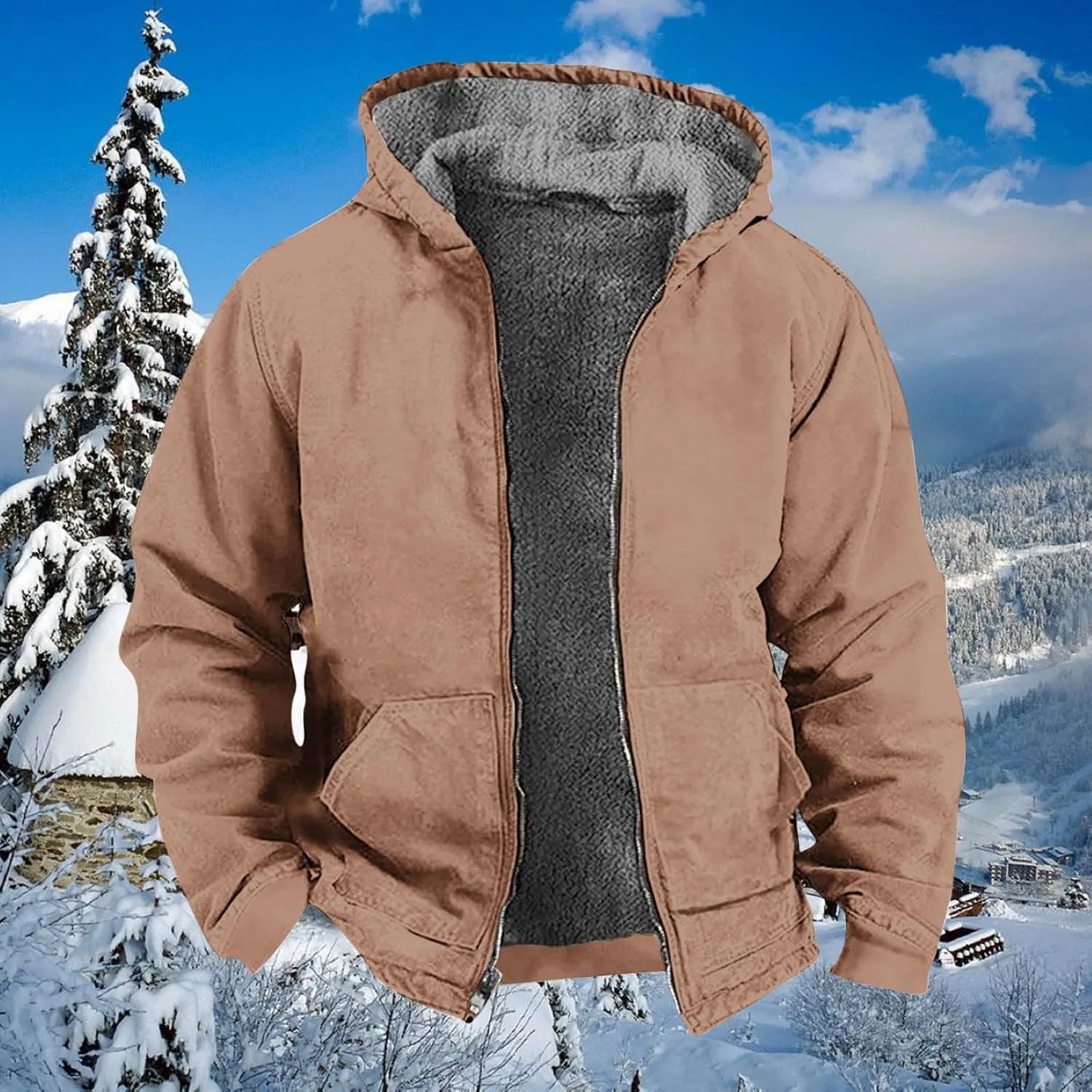 Men's Winter Warm Plush Hooded Jacket Long Sleeve Solid Color Fuzzy Outerwear Fashion Padded Insulated Jackets
