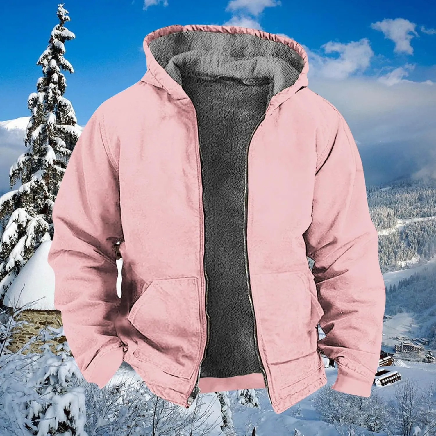 Men's Winter Warm Plush Hooded Jacket Long Sleeve Solid Color Fuzzy Outerwear Fashion Padded Insulated Jackets
