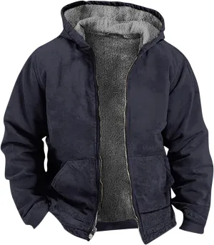 Men's Winter Warm Plush Hooded Jacket Long Sleeve Solid Color Fuzzy Outerwear Fashion Padded Insulated Jackets