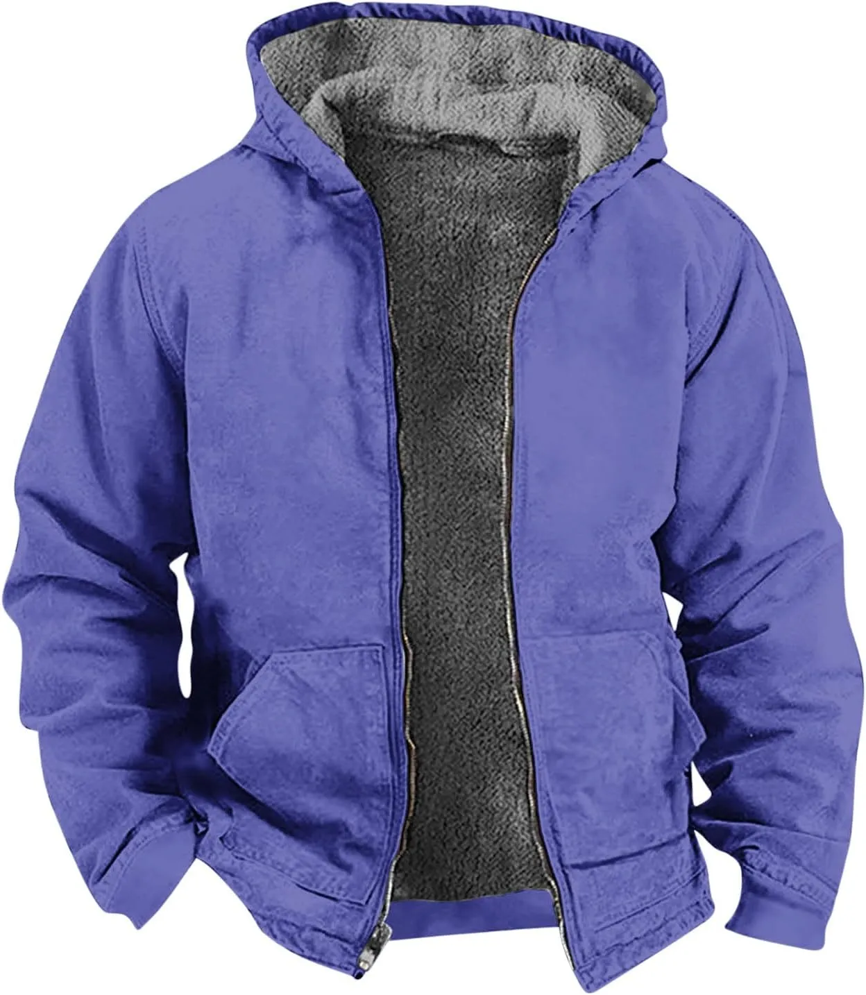 Men's Winter Warm Plush Hooded Jacket Long Sleeve Solid Color Fuzzy Outerwear Fashion Padded Insulated Jackets