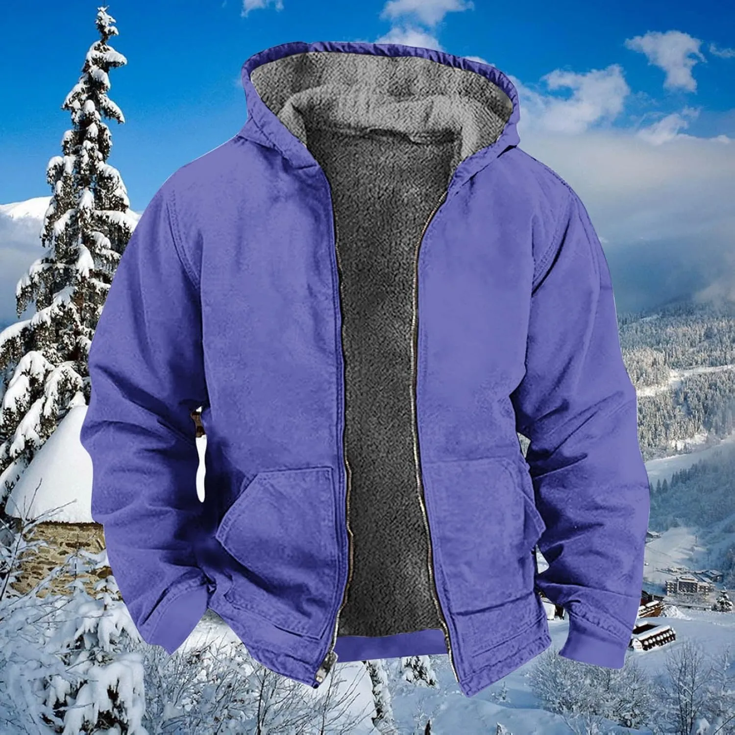 Men's Winter Warm Plush Hooded Jacket Long Sleeve Solid Color Fuzzy Outerwear Fashion Padded Insulated Jackets