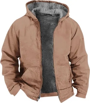Men's Winter Warm Plush Hooded Jacket Long Sleeve Solid Color Fuzzy Outerwear Fashion Padded Insulated Jackets