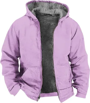Men's Winter Warm Plush Hooded Jacket Long Sleeve Solid Color Fuzzy Outerwear Fashion Padded Insulated Jackets