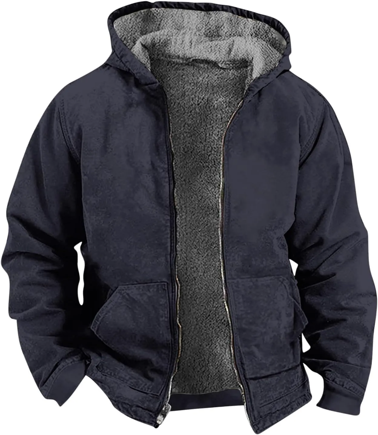 Men's Winter Warm Plush Hooded Jacket Long Sleeve Solid Color Fuzzy Outerwear Fashion Padded Insulated Jackets