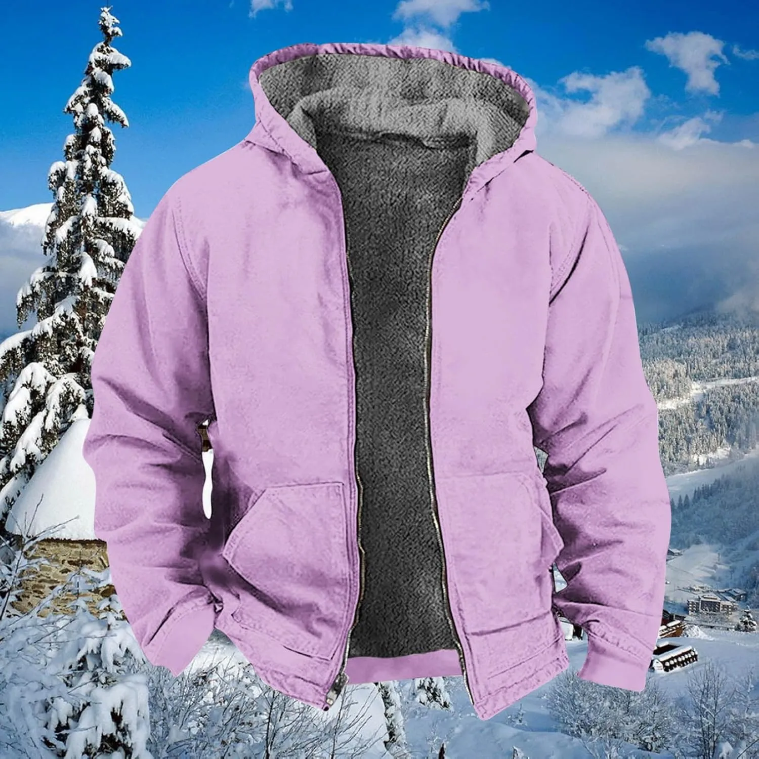 Men's Winter Warm Plush Hooded Jacket Long Sleeve Solid Color Fuzzy Outerwear Fashion Padded Insulated Jackets