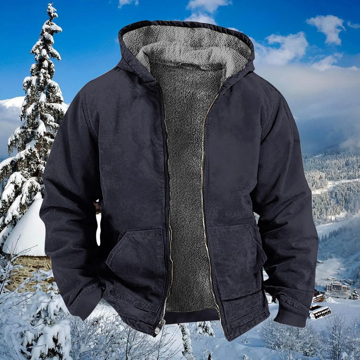 Men's Winter Warm Plush Hooded Jacket Long Sleeve Solid Color Fuzzy Outerwear Fashion Padded Insulated Jackets