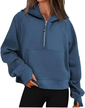Molilove Women Sweatshirts Half Zip Cropped Pullover Fleece Solid Zipper Hoodies Fall Clothes Thumb Hole Pockets