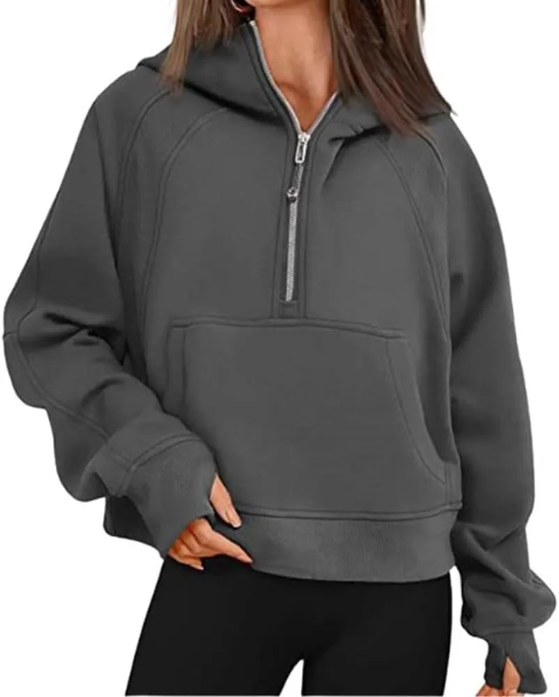 Molilove Womens Sweatshirts Half Zip Cropped Pullover Fleece Zipper Hoodies Fall Clothes Thumb Hole Pockets Graphite