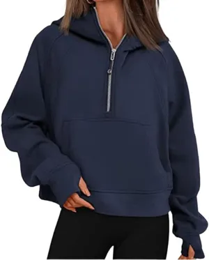 Molilove Womens Sweatshirts Half Zip Cropped Pullover Fleece Zipper Hoodies Fall Clothes Thumb Hole Pockets Navy