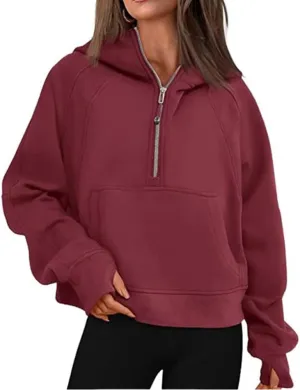 Molilove Womens Sweatshirts Half Zip Cropped Pullover Fleece Zipper Hoodies Fall Clothes Thumb Hole Pockets Wine