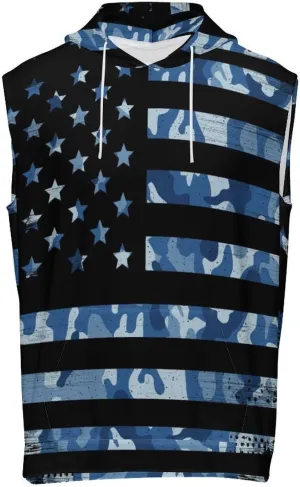 Navy Camouflage Flag Men's Workout Tank Tops Sleeveless Running Shirts With Hoodie Workout Hooded
