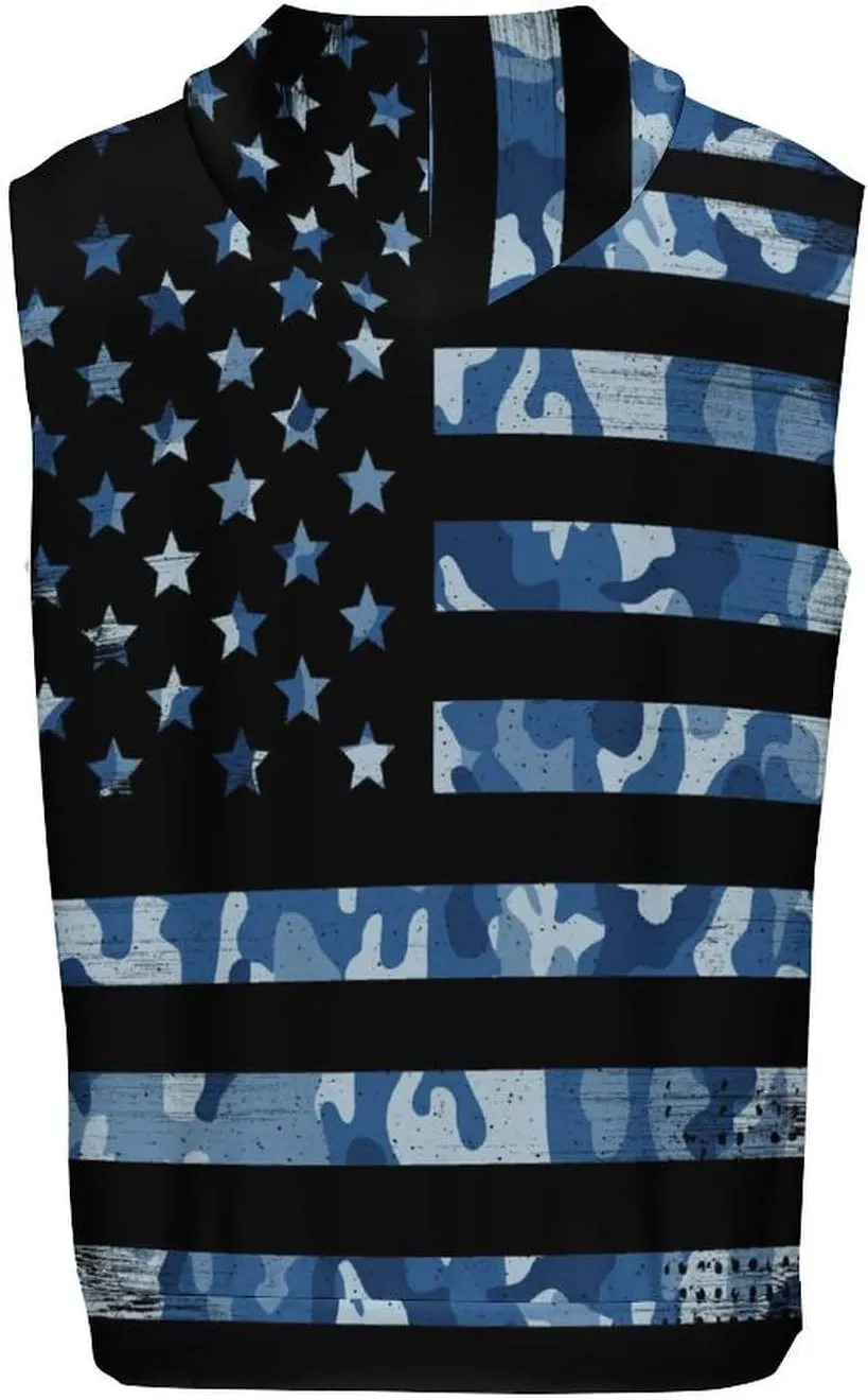 Navy Camouflage Flag Men's Workout Tank Tops Sleeveless Running Shirts With Hoodie Workout Hooded