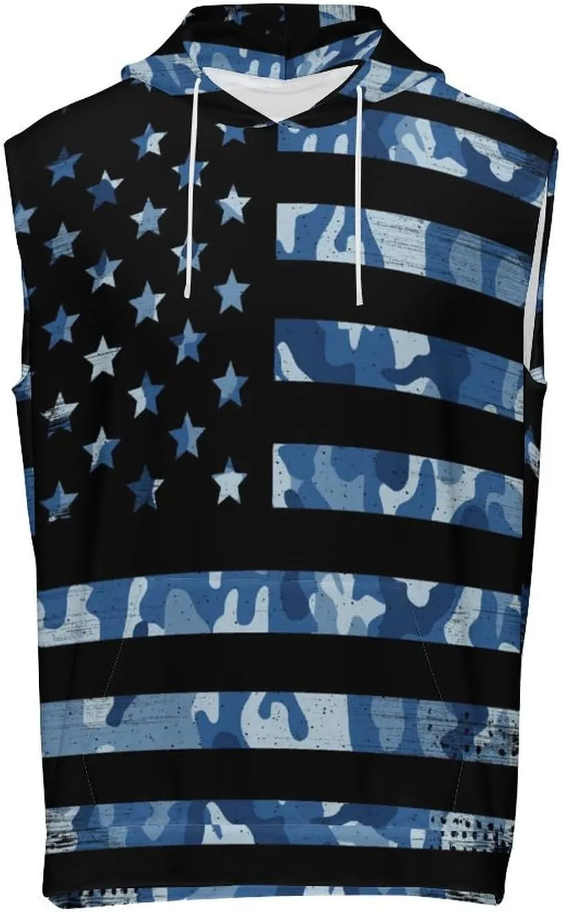 Navy Camouflage Flag Men's Workout Tank Tops Sleeveless Running Shirts With Hoodie Workout Hooded