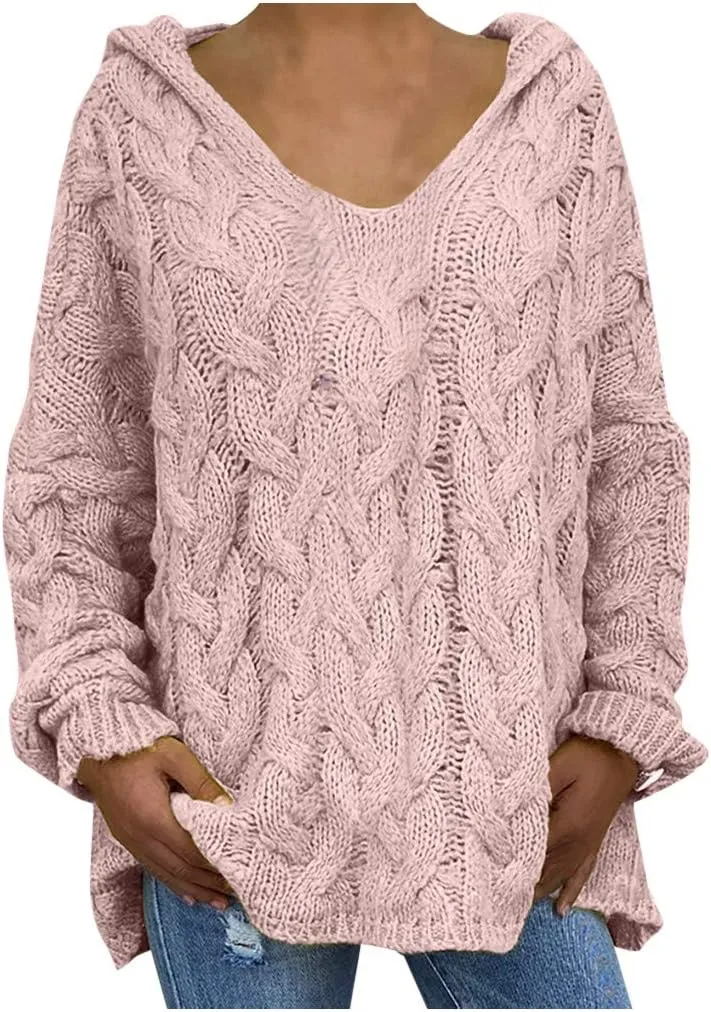 Oversized Sweaters Womens Chunky Cable Knit Pullover Hooded Sweaters V Neck Long Sleeve Loose Hoodies Knitwear Clothes