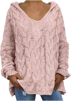 Oversized Sweaters Womens Chunky Cable Knit Pullover Hooded Sweaters V Neck Long Sleeve Loose Hoodies Knitwear Clothes