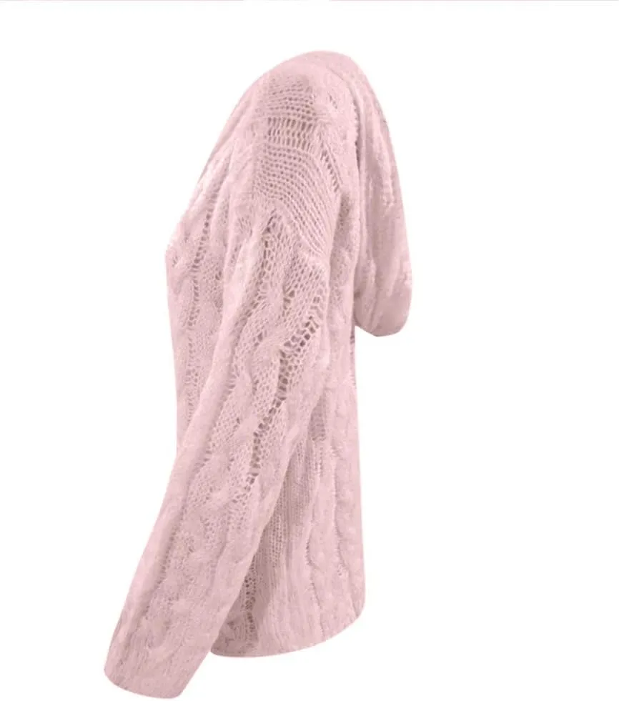 Oversized Sweaters Womens Chunky Cable Knit Pullover Hooded Sweaters V Neck Long Sleeve Loose Hoodies Knitwear Clothes