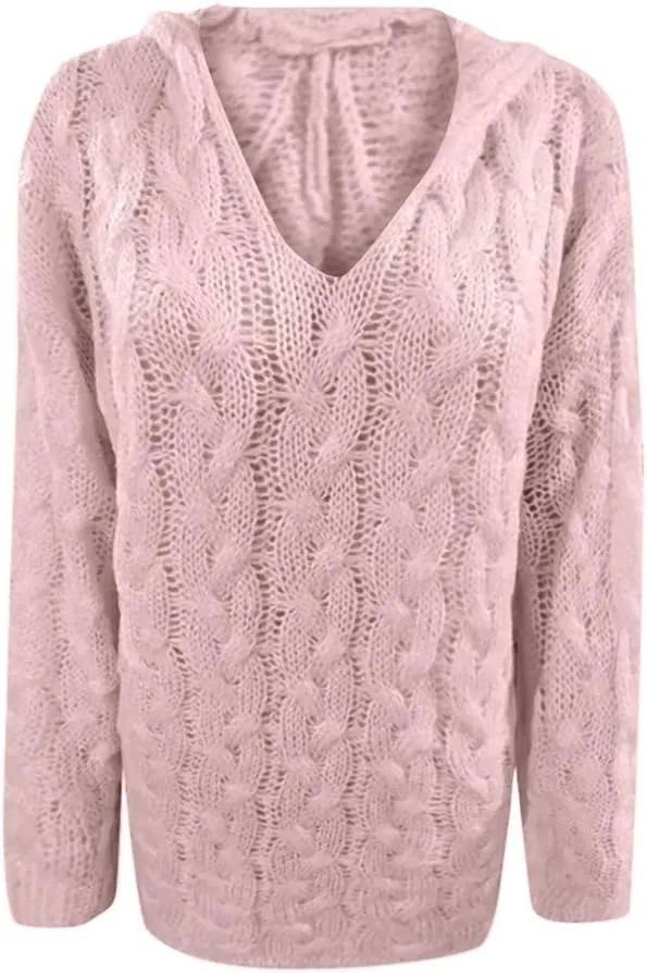 Oversized Sweaters Womens Chunky Cable Knit Pullover Hooded Sweaters V Neck Long Sleeve Loose Hoodies Knitwear Clothes