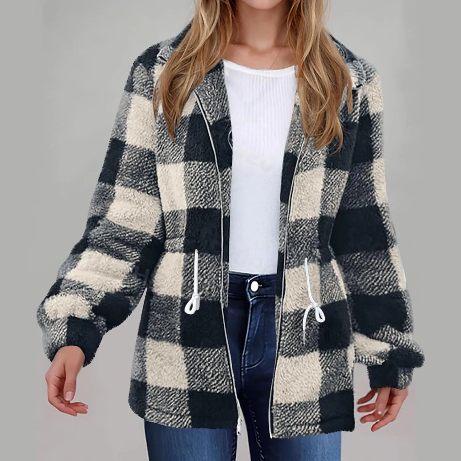 Plaid Sherpa Jacket Women with Hood Lamb Wool Hooded Coat Teddy Coat for Women Plus Size Ladies Fleece Jackets