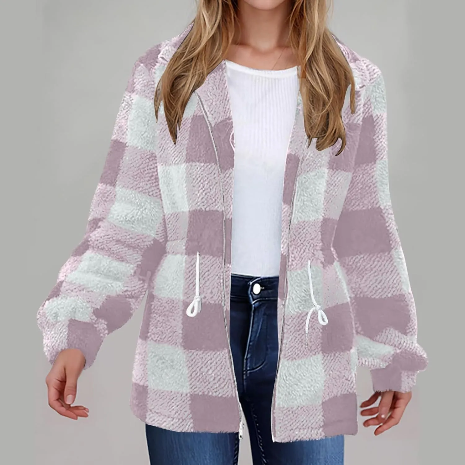 Plaid Sherpa Jacket Women with Hood Lamb Wool Hooded Coat Teddy Coat for Women Plus Size Ladies Fleece Jackets