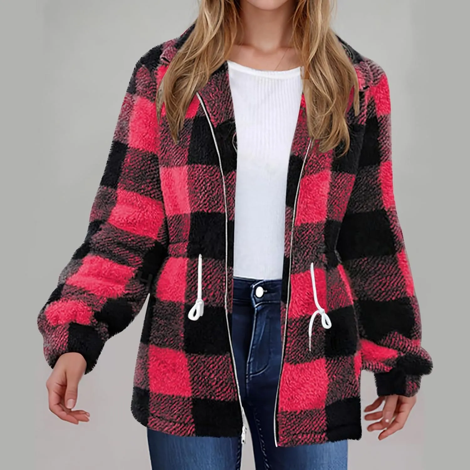 Plaid Sherpa Jacket Women with Hood Lamb Wool Hooded Coat Teddy Coat for Women Plus Size Ladies Fleece Jackets