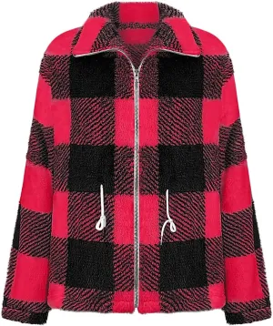 Plaid Sherpa Jacket Women with Hood Lamb Wool Hooded Coat Teddy Coat for Women Plus Size Ladies Fleece Jackets