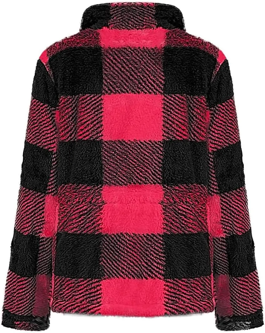 Plaid Sherpa Jacket Women with Hood Lamb Wool Hooded Coat Teddy Coat for Women Plus Size Ladies Fleece Jackets