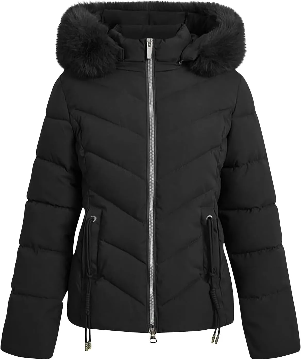 Puffer Jacket Women Winter Warm Down Coats Quilted Down Jackets Casual Zip Up Puffer Coat Faux Fur Hooded Outwear