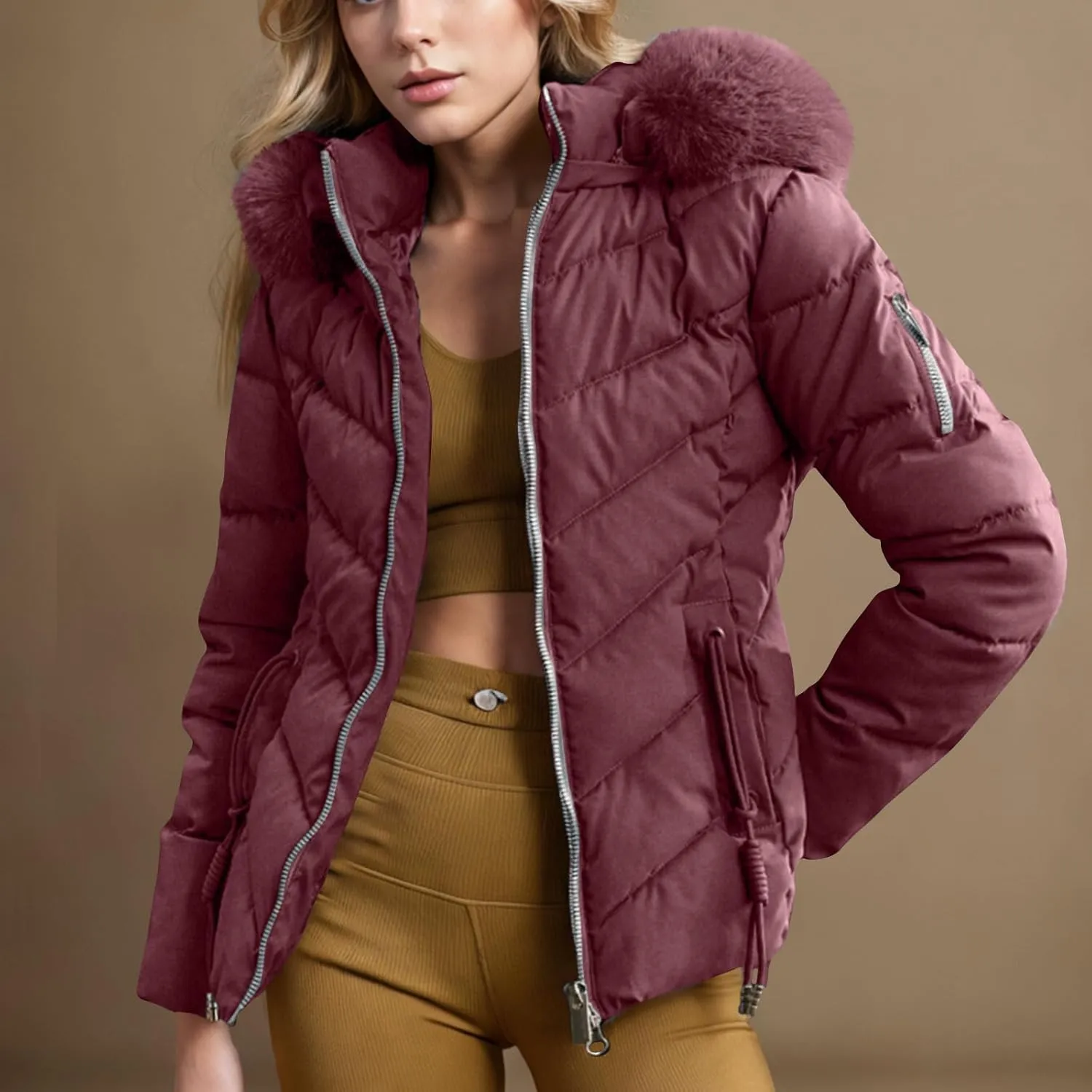 Puffer Jacket Women Winter Warm Down Coats Quilted Down Jackets Casual Zip Up Puffer Coat Faux Fur Hooded Outwear