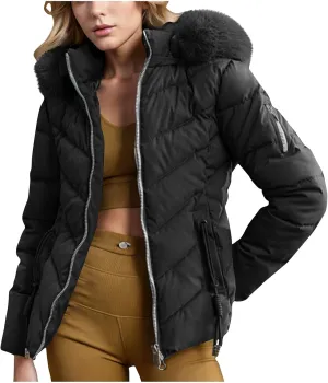 Puffer Jacket Women Winter Warm Down Coats Quilted Down Jackets Casual Zip Up Puffer Coat Faux Fur Hooded Outwear