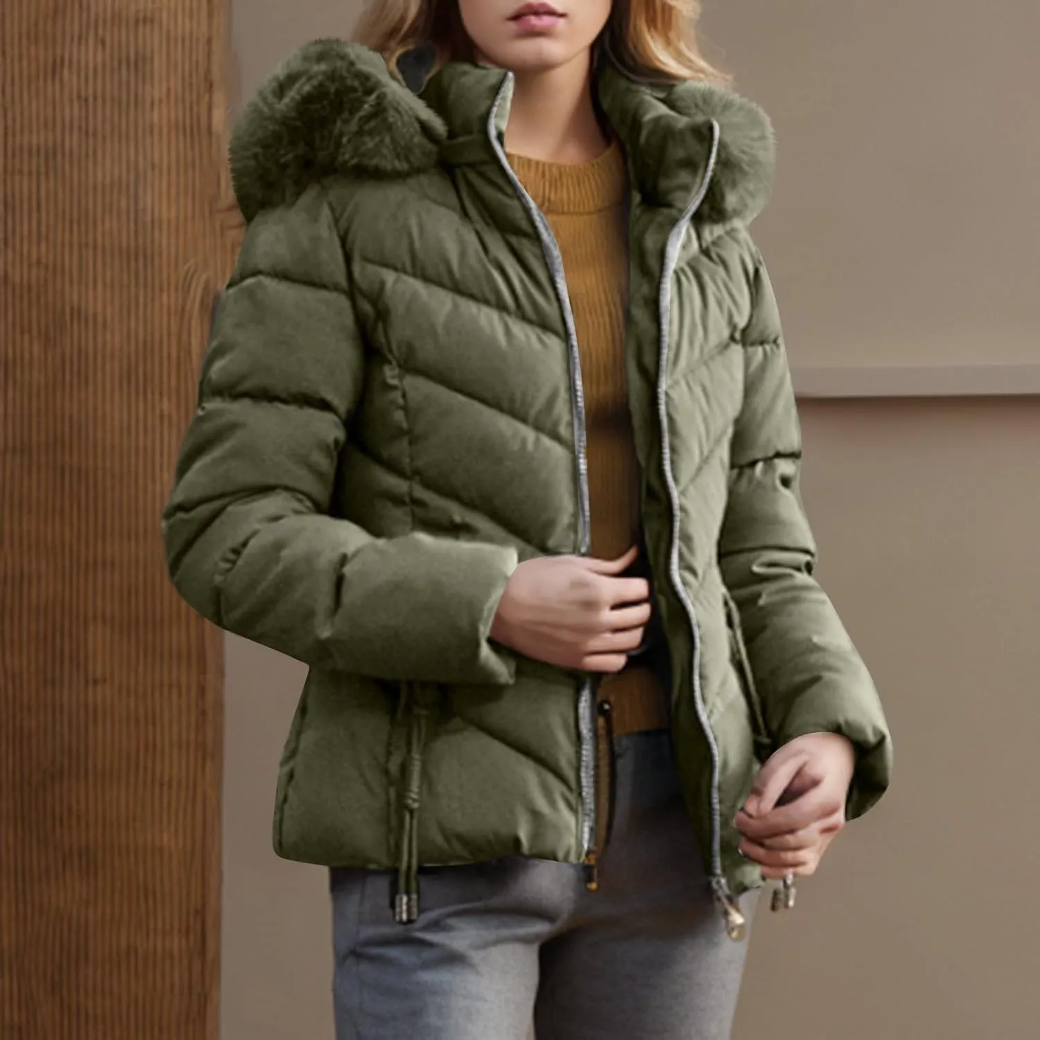 Puffer Jacket Women Winter Warm Down Coats Quilted Down Jackets Casual Zip Up Puffer Coat Faux Fur Hooded Outwear