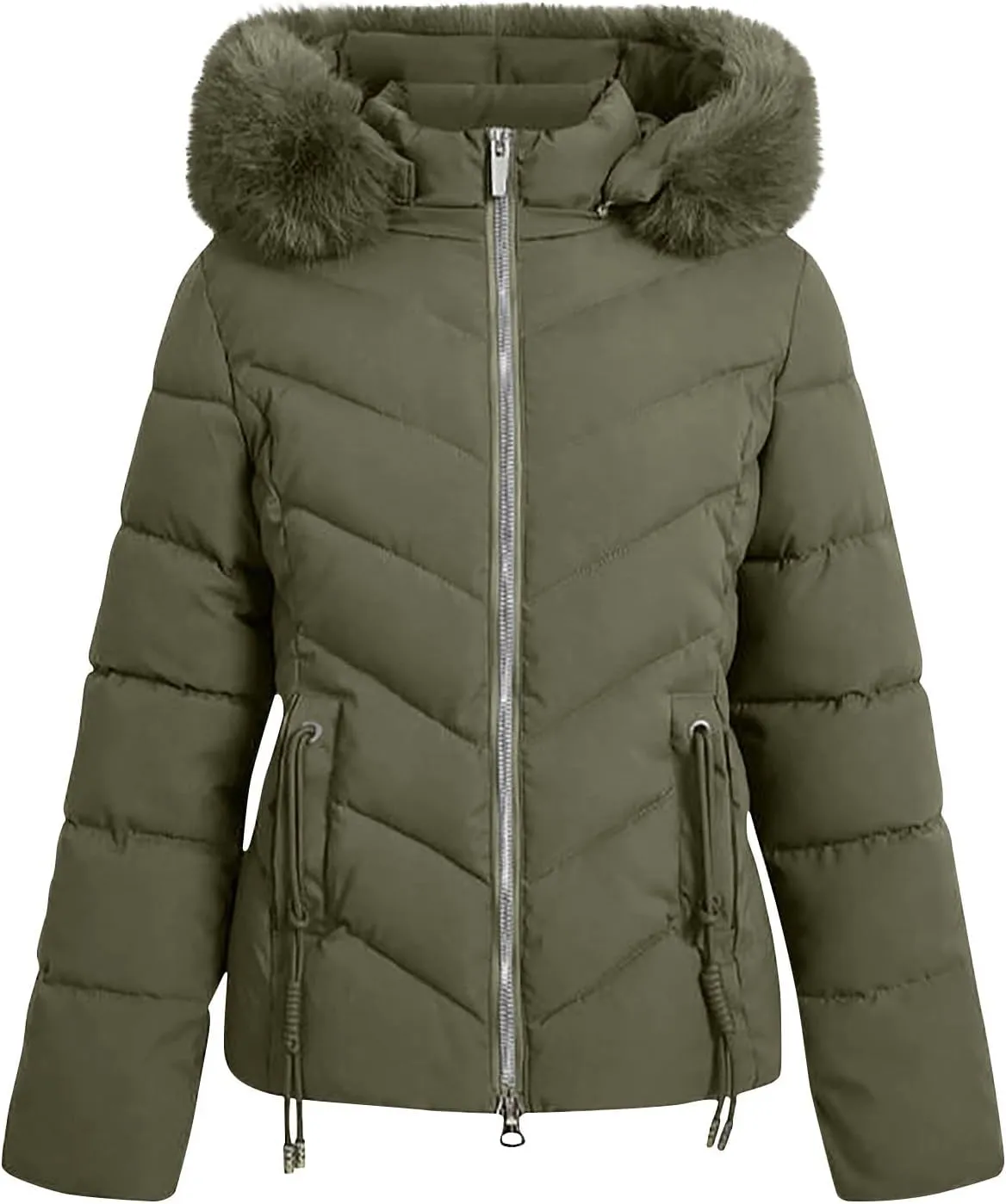 Puffer Jacket Women Winter Warm Down Coats Quilted Down Jackets Casual Zip Up Puffer Coat Faux Fur Hooded Outwear