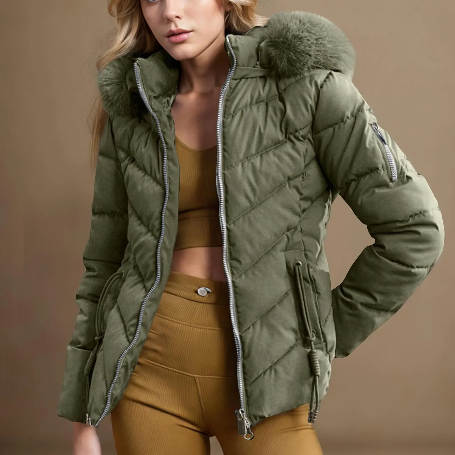 Puffer Jacket Women Winter Warm Down Coats Quilted Down Jackets Casual Zip Up Puffer Coat Faux Fur Hooded Outwear