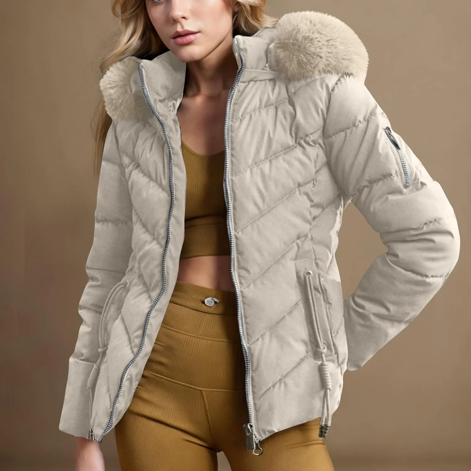 Puffer Jacket Women Winter Warm Down Coats Quilted Down Jackets Casual Zip Up Puffer Coat Faux Fur Hooded Outwear