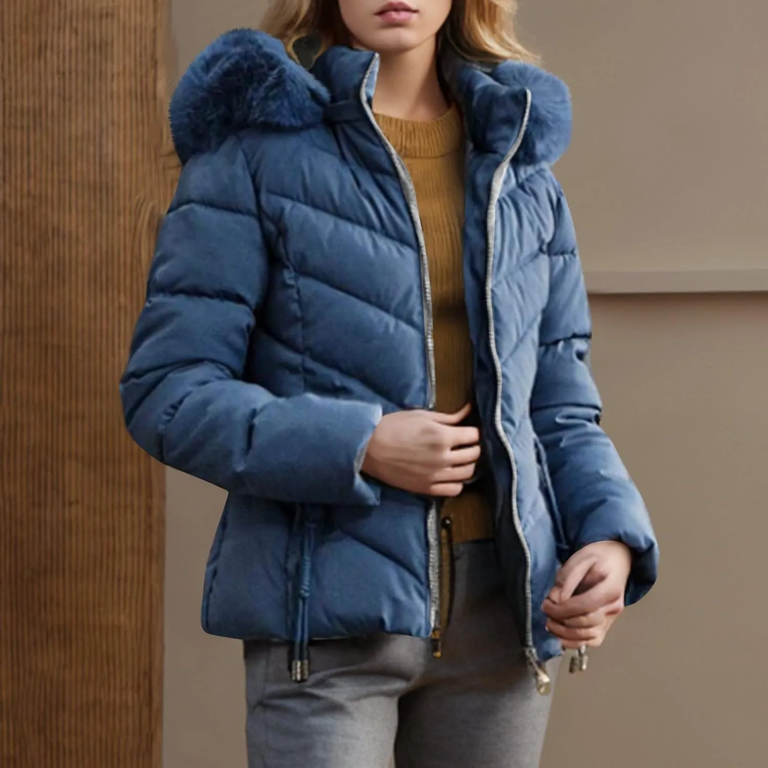 Puffer Jacket Women Winter Warm Down Coats Quilted Down Jackets Casual Zip Up Puffer Coat Faux Fur Hooded Outwear