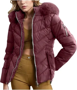 Puffer Jacket Women Winter Warm Down Coats Quilted Down Jackets Casual Zip Up Puffer Coat Faux Fur Hooded Outwear