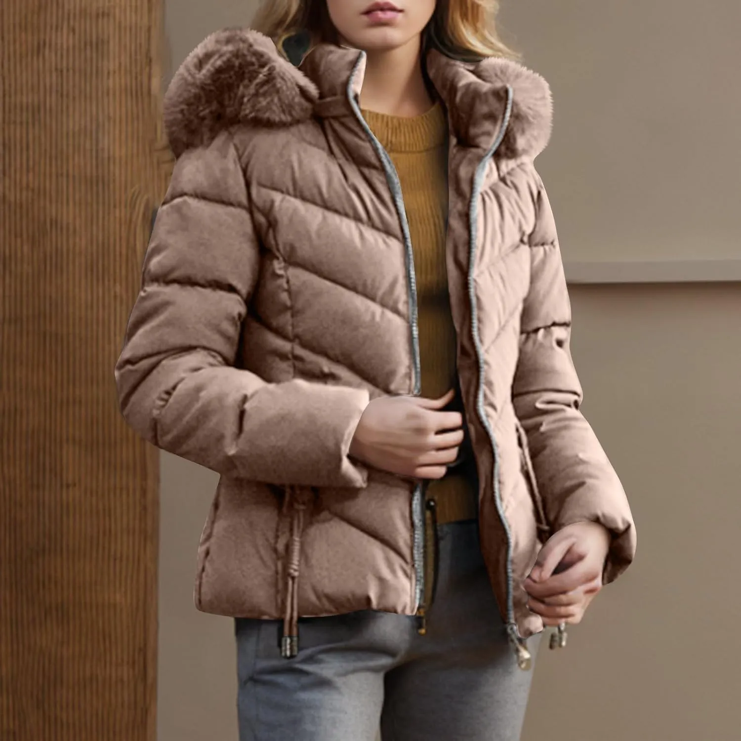 Puffer Jacket Women Winter Warm Down Coats Quilted Down Jackets Casual Zip Up Puffer Coat Faux Fur Hooded Outwear
