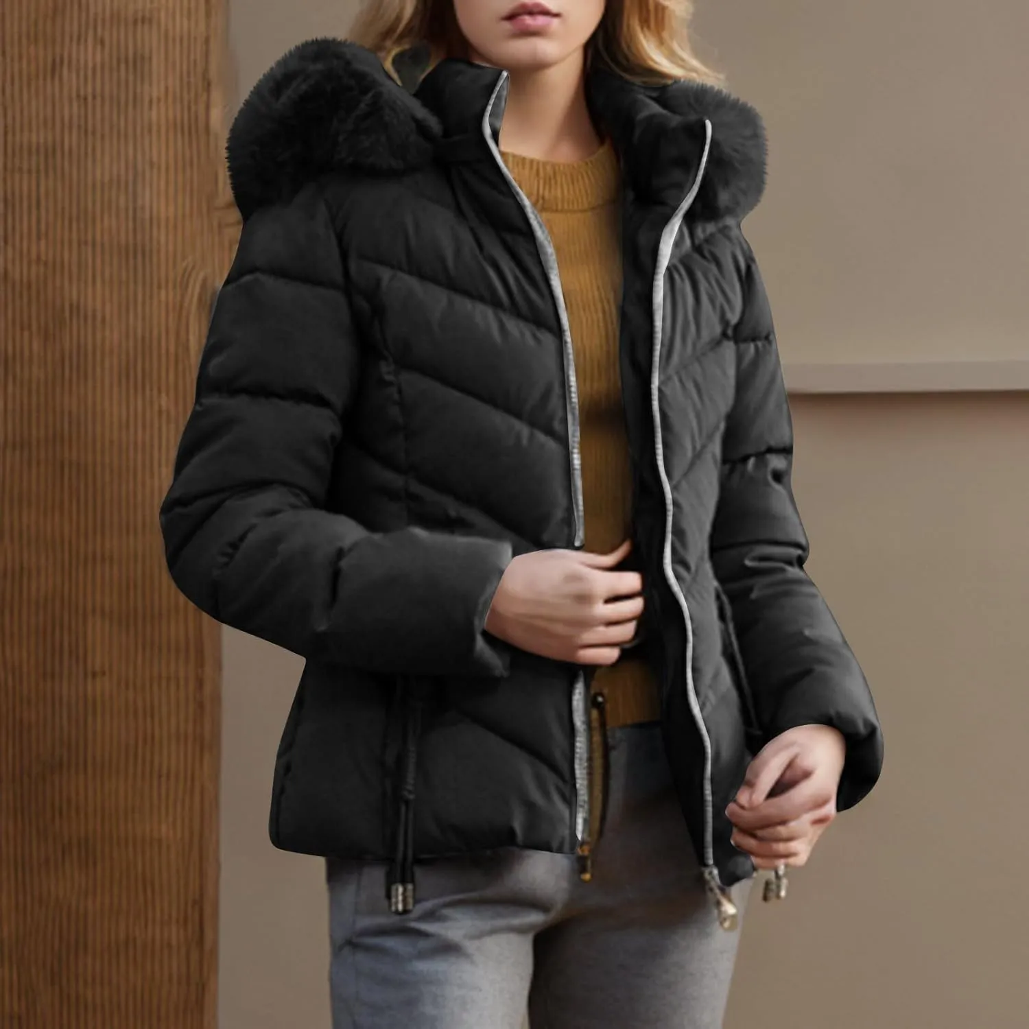 Puffer Jacket Women Winter Warm Down Coats Quilted Down Jackets Casual Zip Up Puffer Coat Faux Fur Hooded Outwear