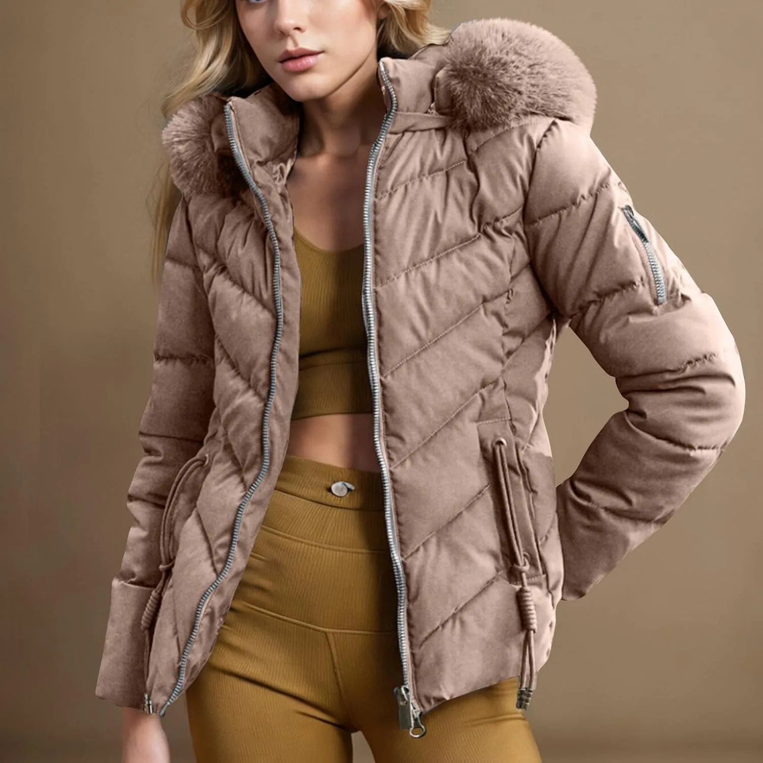 Puffer Jacket Women Winter Warm Down Coats Quilted Down Jackets Casual Zip Up Puffer Coat Faux Fur Hooded Outwear