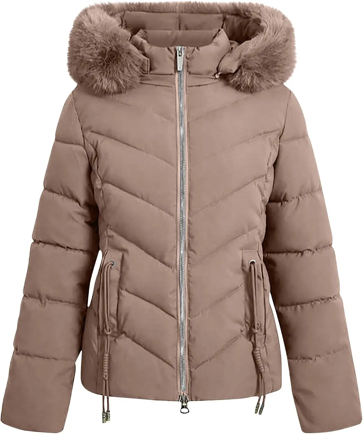 Puffer Jacket Women Winter Warm Down Coats Quilted Down Jackets Casual Zip Up Puffer Coat Faux Fur Hooded Outwear