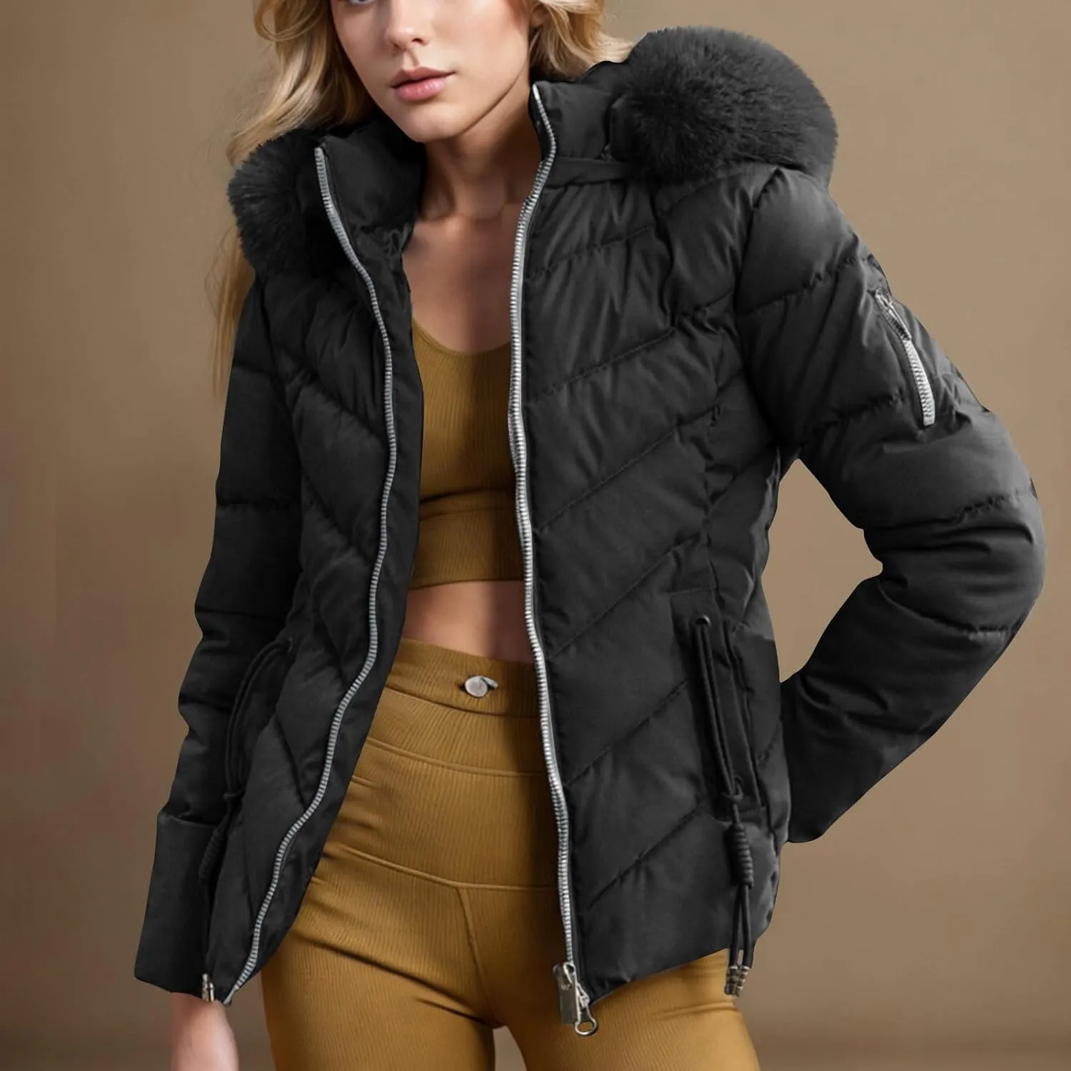Puffer Jacket Women Winter Warm Down Coats Quilted Down Jackets Casual Zip Up Puffer Coat Faux Fur Hooded Outwear