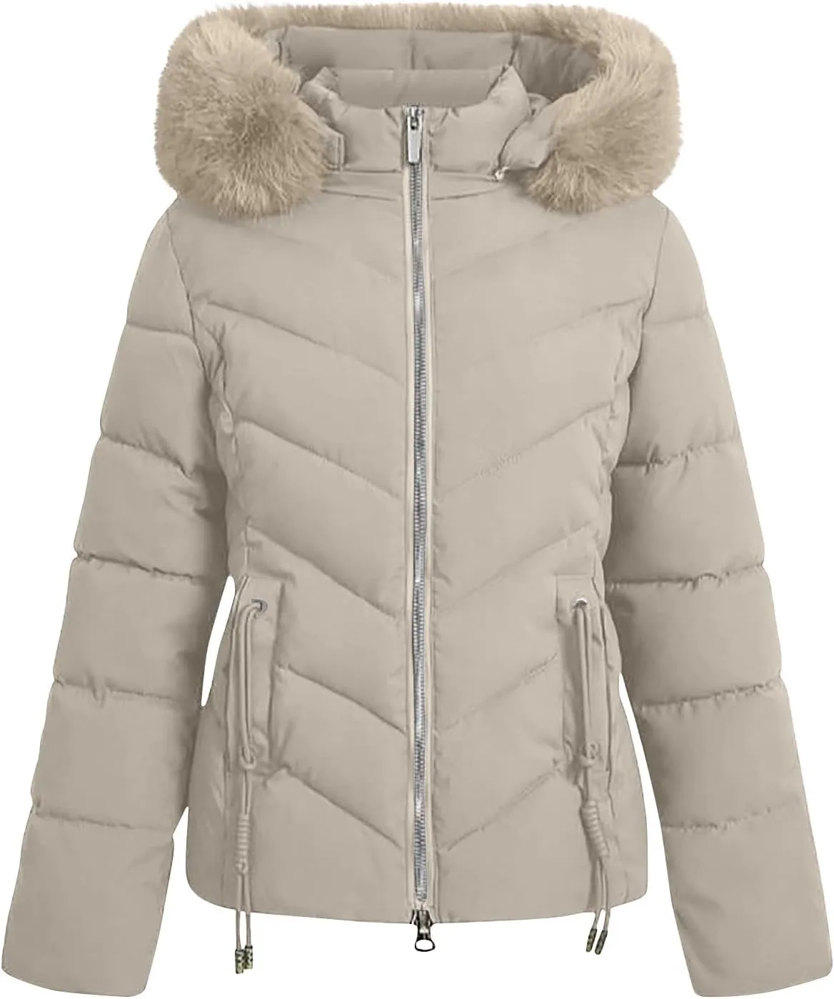 Puffer Jacket Women Winter Warm Down Coats Quilted Down Jackets Casual Zip Up Puffer Coat Faux Fur Hooded Outwear