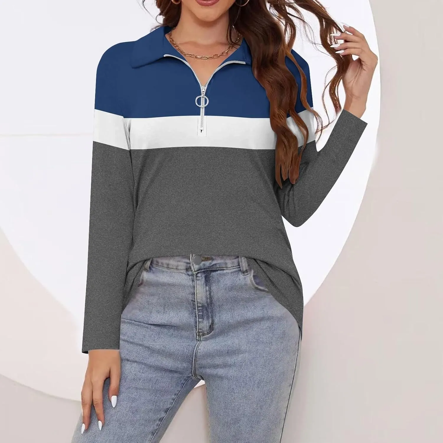 Quarter Zip Pullover Women Long Sleeve Collared Shirts Cozy Soft Tops Pullover Trendy Printed T-Shirts Casual Blouses
