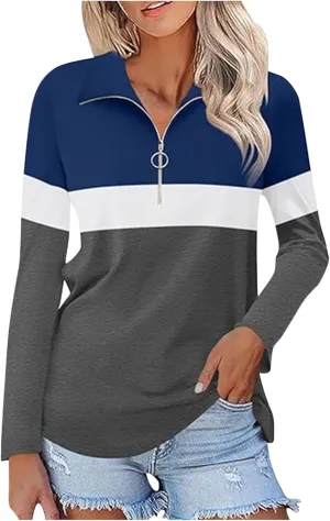 Quarter Zip Pullover Women Long Sleeve Collared Shirts Cozy Soft Tops Pullover Trendy Printed T-Shirts Casual Blouses