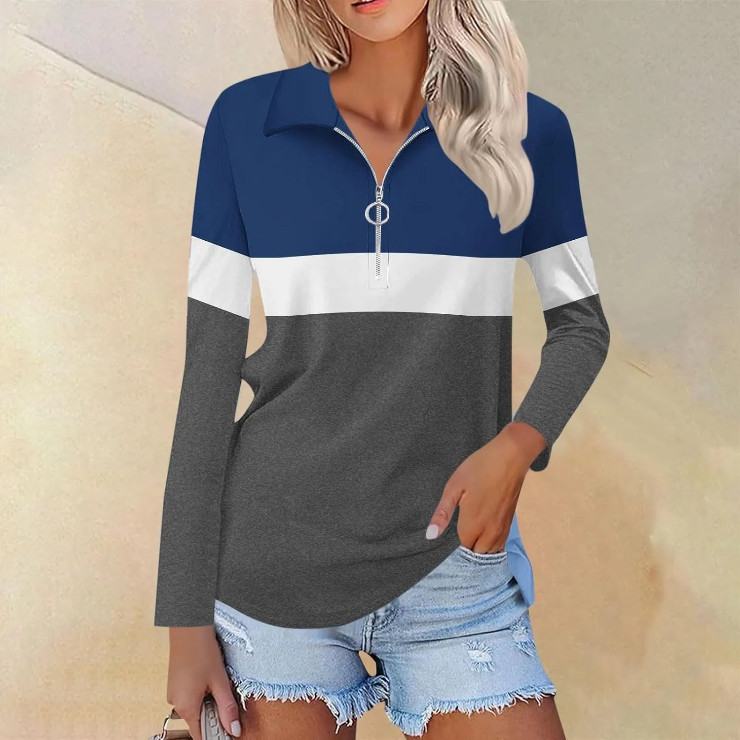 Quarter Zip Pullover Women Long Sleeve Collared Shirts Cozy Soft Tops Pullover Trendy Printed T-Shirts Casual Blouses