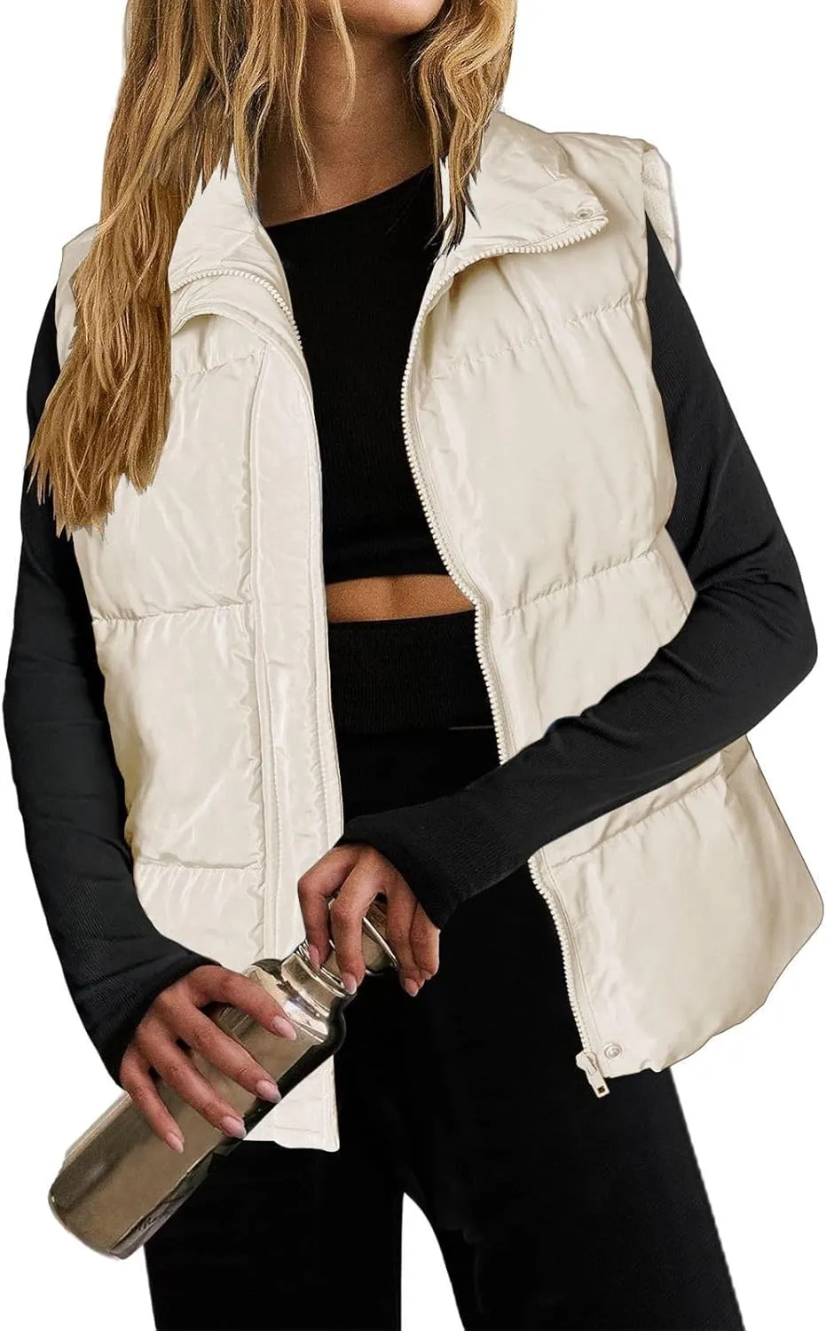 Quilted Vest for Women Lightweight Puffer Vest Warm Winter Coat Full Zip Down Vest Casual Stand Collar Jackets