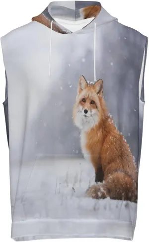 Red Fox in Snowy Winter Men's Workout Tank Tops Sleeveless Running Shirts With Hoodie Workout Hooded